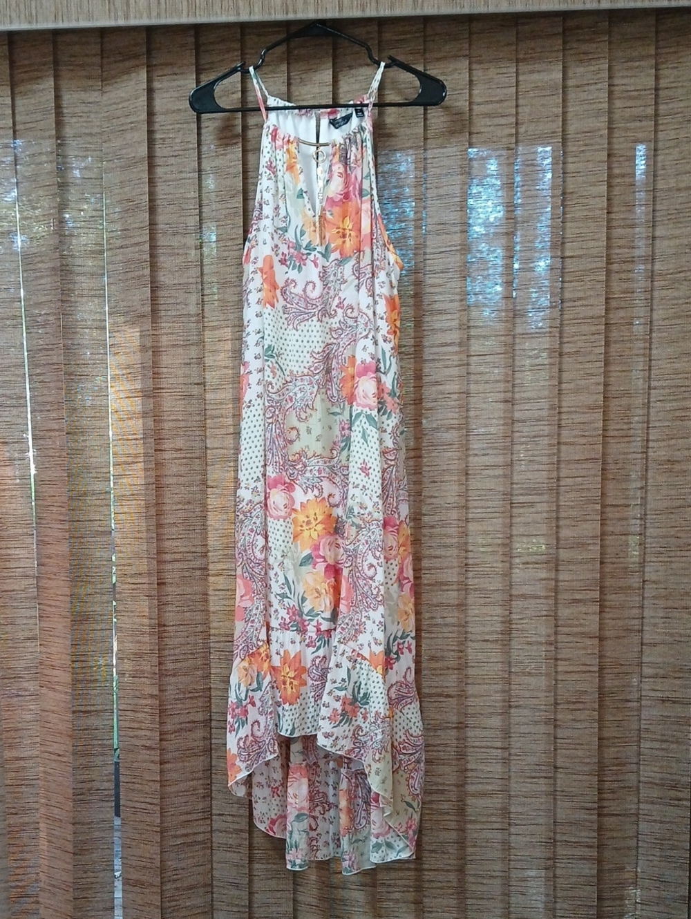 High-Low Floral Halter Dress in Cream with Pink & Peach Blooms